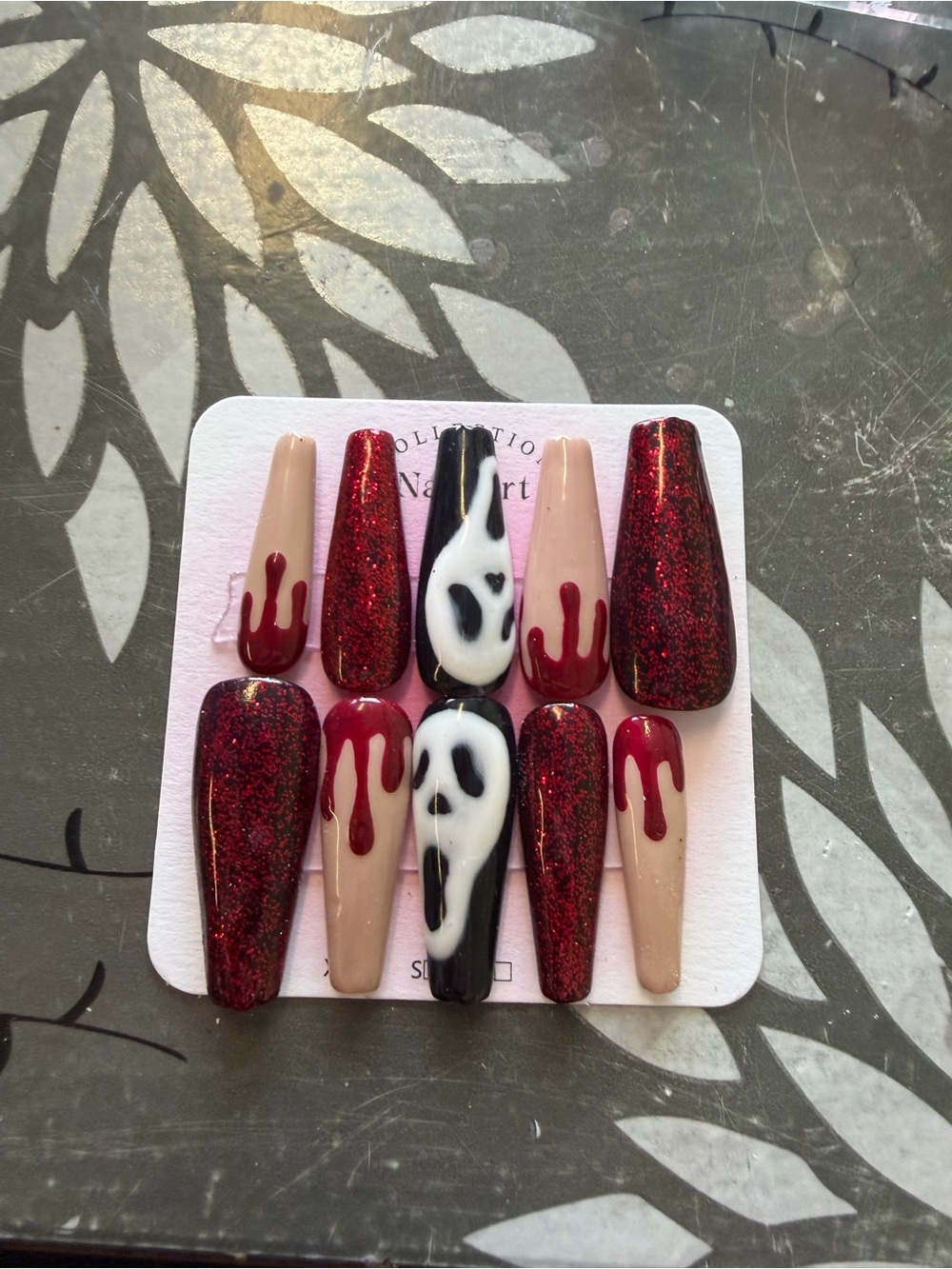 Handmade Red Glitter & Nude Press-On Nail Set with Ghost Accent